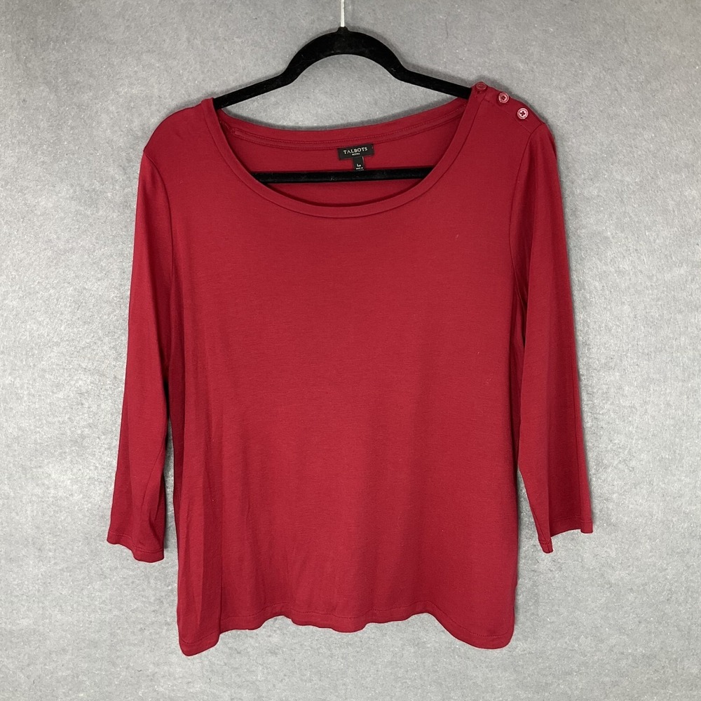 Talbots Top Womens Petite L Red Round Neckline 3/4 Sleeve Button Shoulder Casual